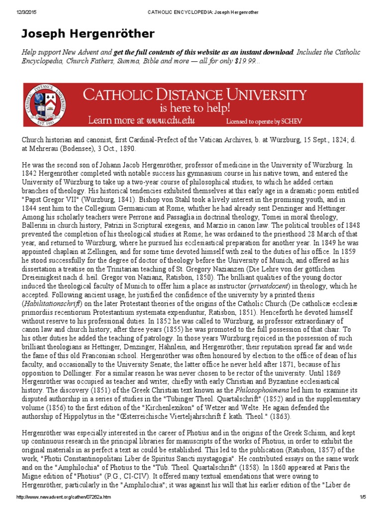 Joseph Hergenröther PDF Catholic Church Catholic Theology And