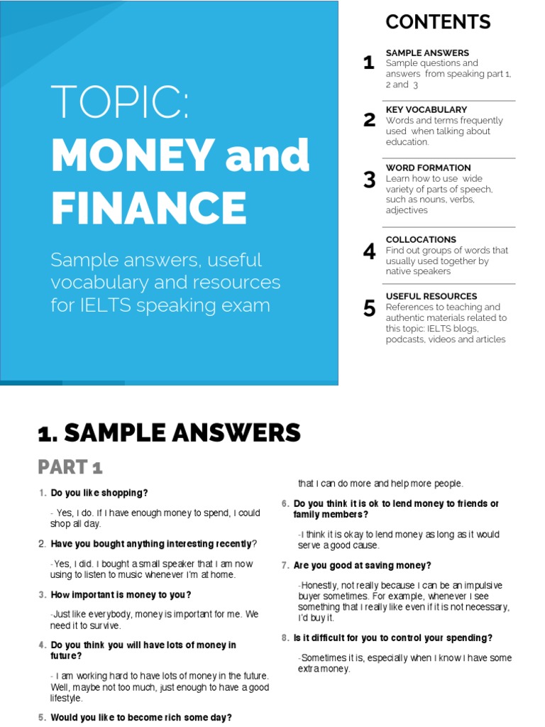 Topic MONEY and Finance Sample Answers, Useful Vocabulary and