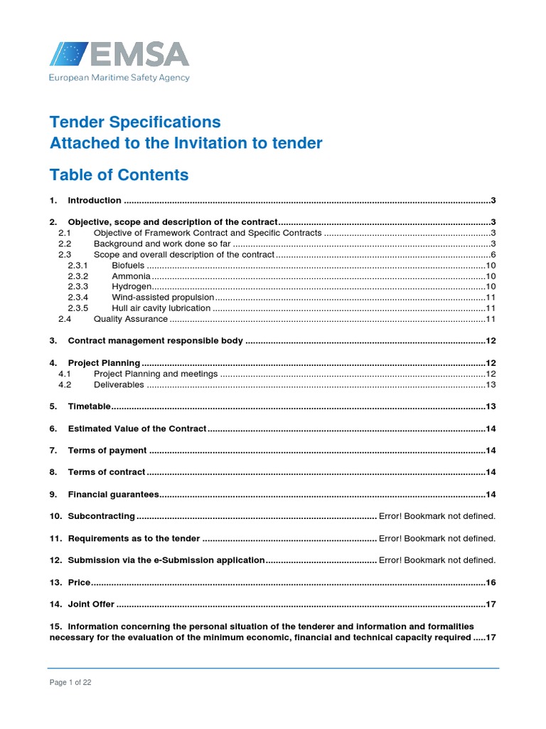 Tender Specifications Attached To The Invitation To Tender Page 1 of