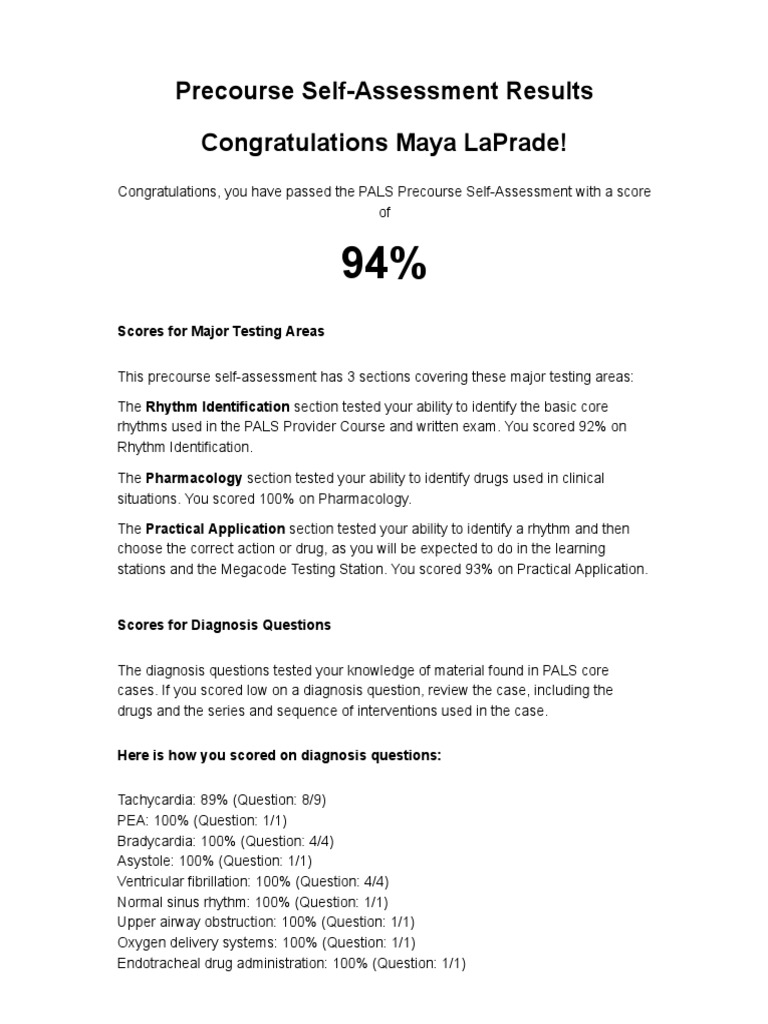 PALS Precourse SelfAssessment Score Report PDF Cardiac Arrest