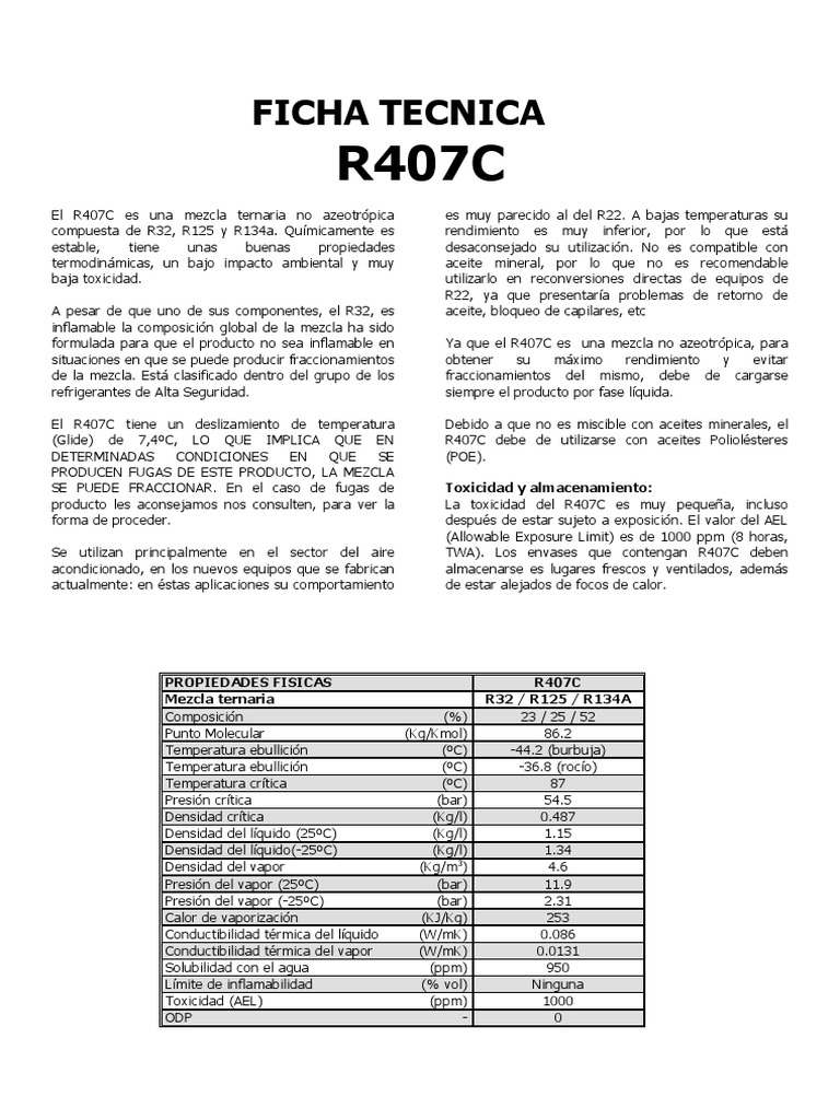 Presiones y propiedades del R407C | PDF | Calefacción, Ventilación y ...