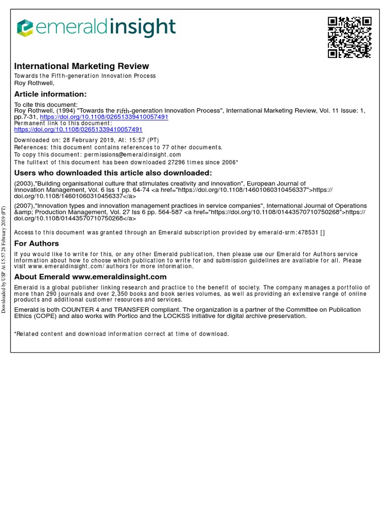 Rothwell 1994 Towards The Fifth Generation Innovation Process PDF