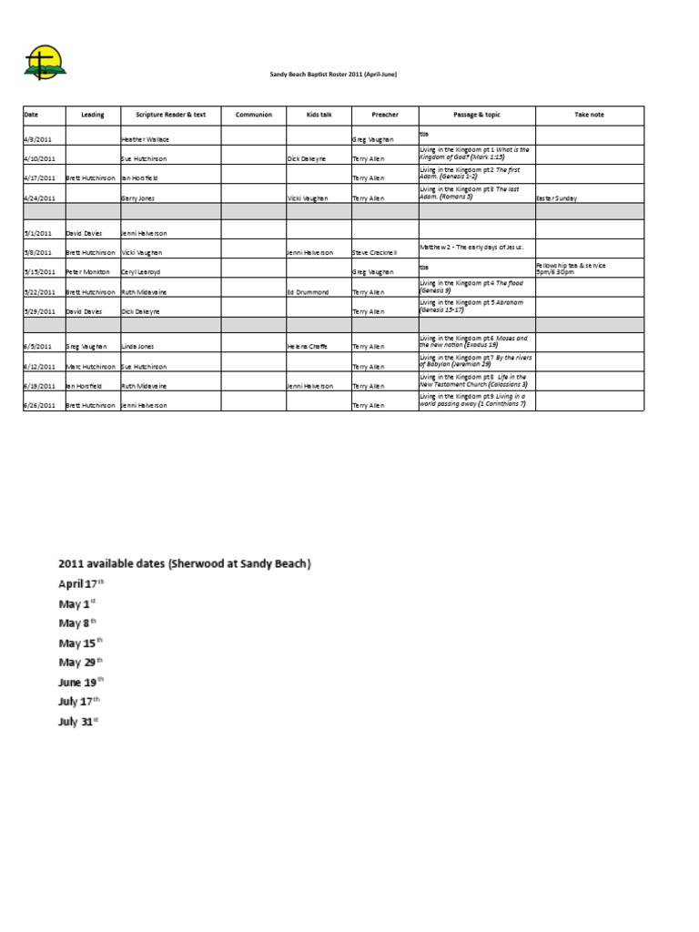 Church Roster 2011 Second Quarter | PDF | Abrahamic Religions ...