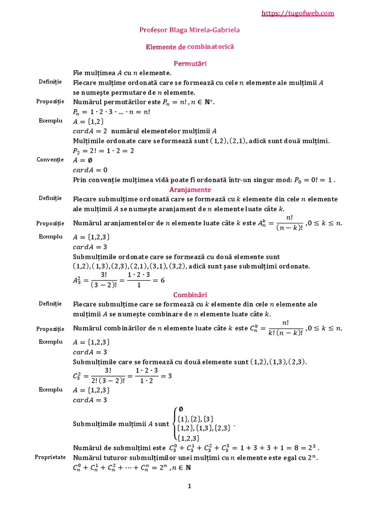 Elemente de Combinatorica. Permutari. Aranjamente. Combinari | PDF