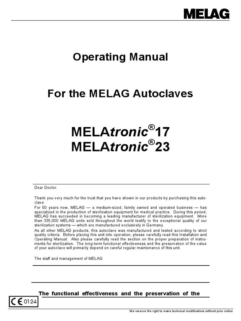 Melag MelaTronic 17, 23 Autoclave User Manual PDF Sterilization