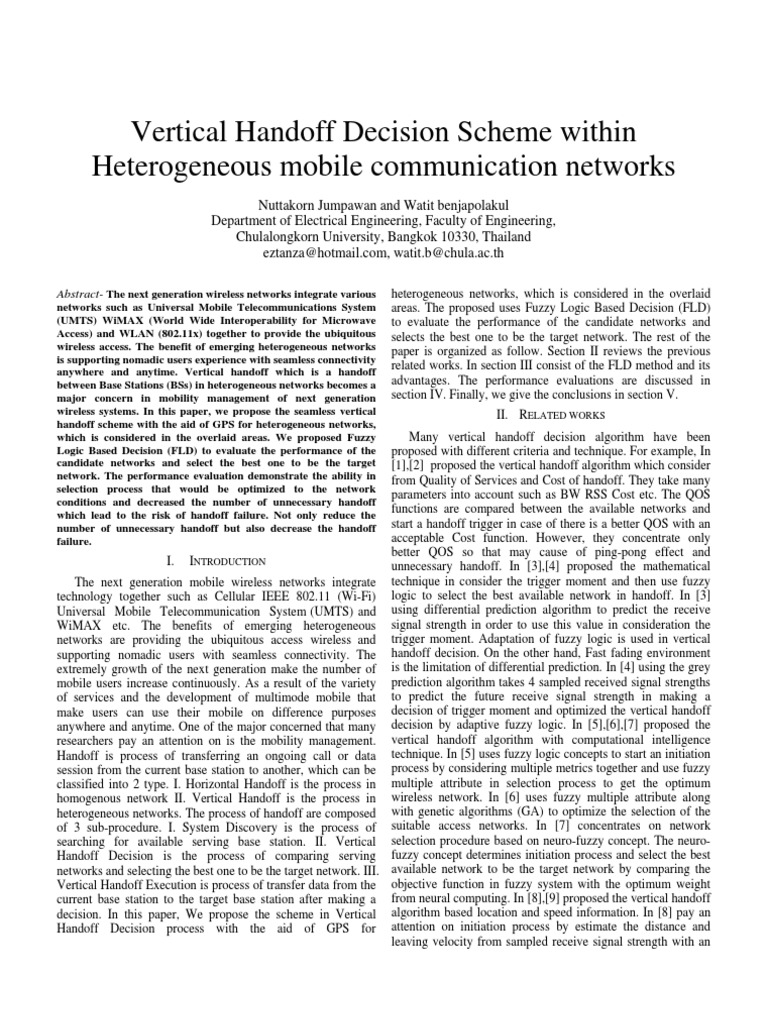Fuzzy Logic for Vertical Handoff in Networks | PDF | Fuzzy Logic ...