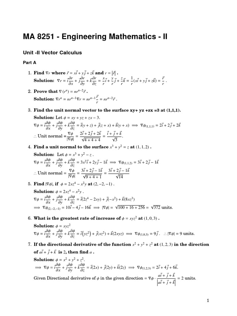 Ma51 Unit 2 Vector Calculus Area Mathematical Analysis