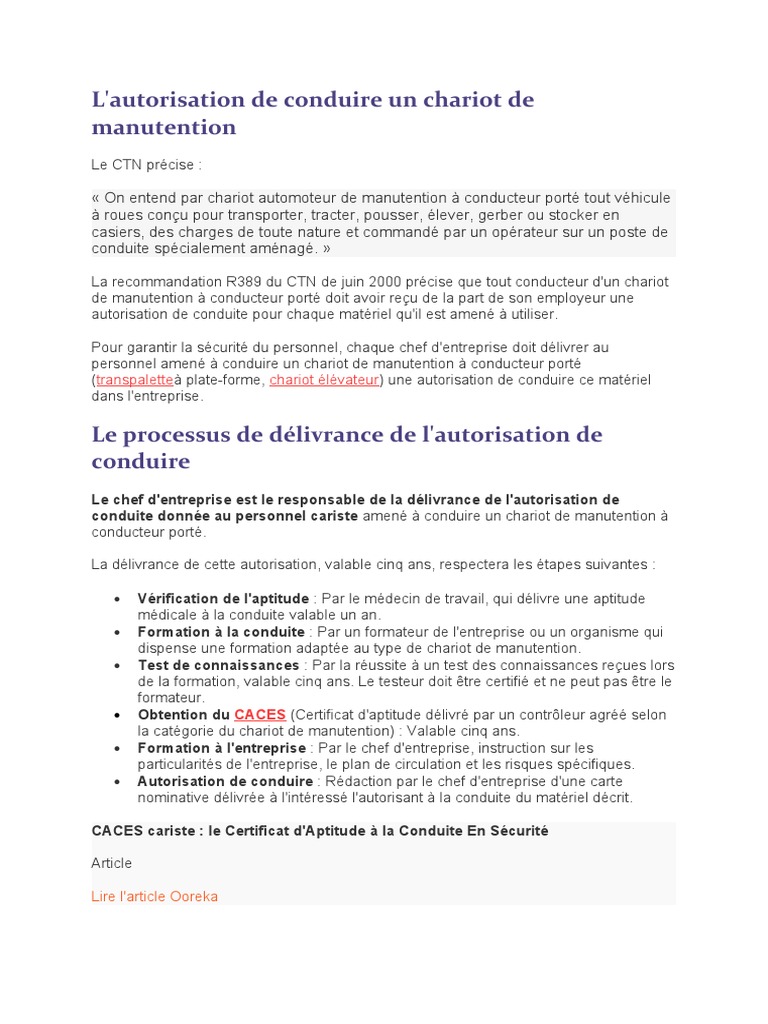 Autorisation de conduite chariot élévateur | PDF | Transport | Médecin ...