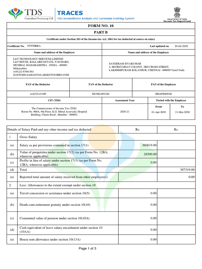Form 16 TDS Certificate 2020-21 | PDF | Tax Deduction | Tax Exemption