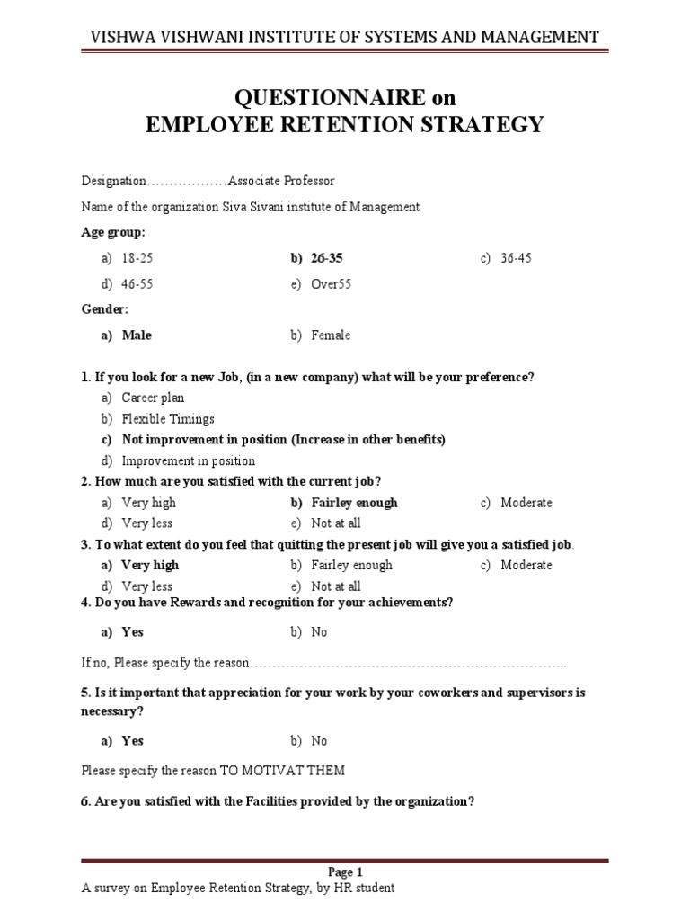 EMPLOYEE RETENTION STRATEGY Questionnaire 