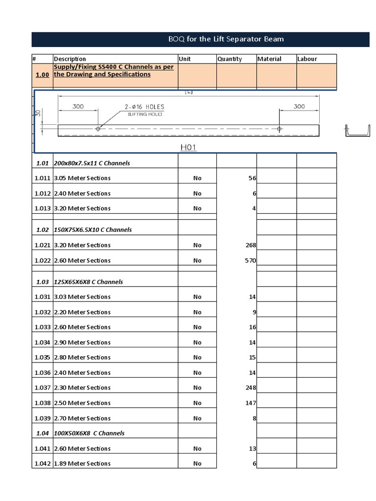 BOQ For The Lift Separator Beam: 1.00 Supply/Fixing SS400 C Channels As ...