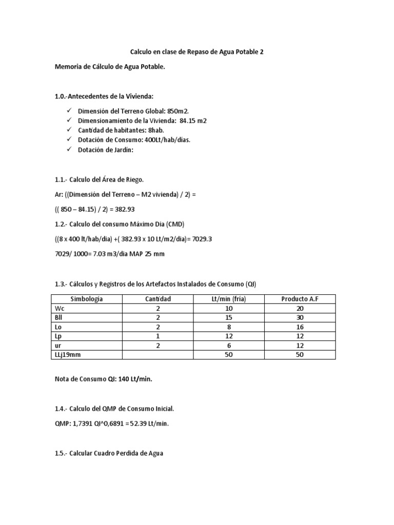 Cálculo de Agua Potable para Vivienda | PDF