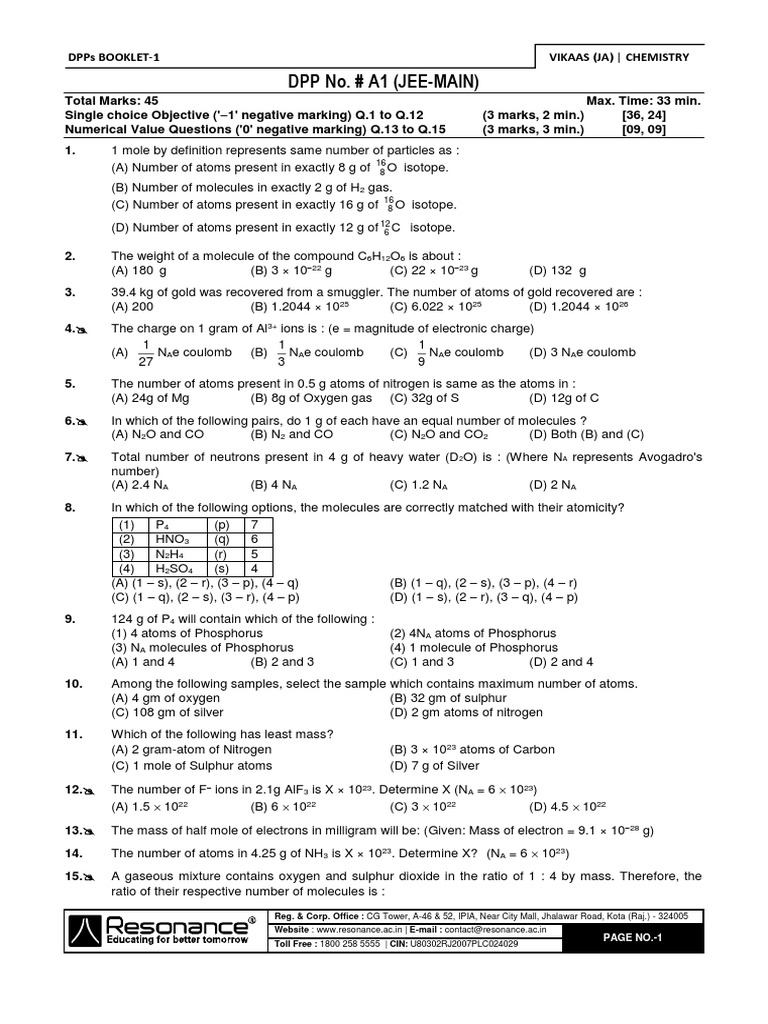 JEE Chemistry DPP Booklet 1 | PDF | Atoms | Electromagnetic Radiation