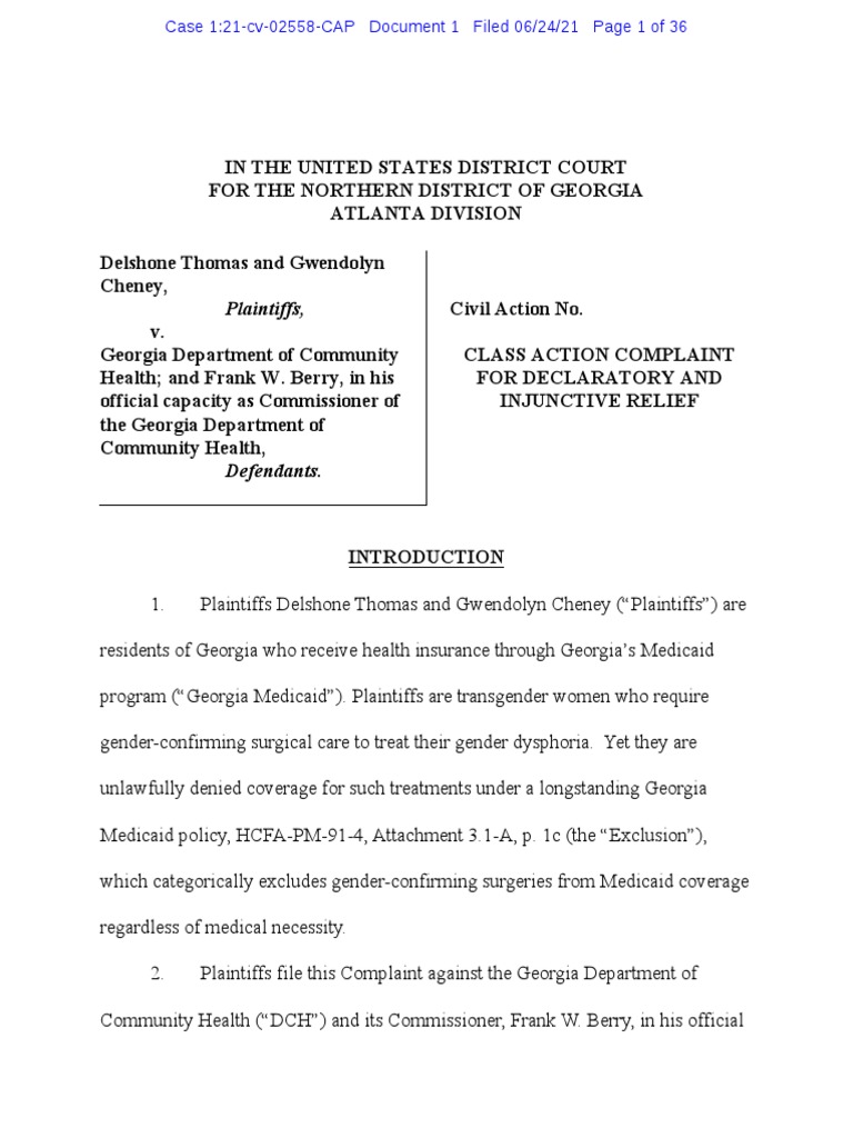 Challenge to Georgia Medicaid Exclusion | PDF | Transgender | LGBTQIA+ ...
