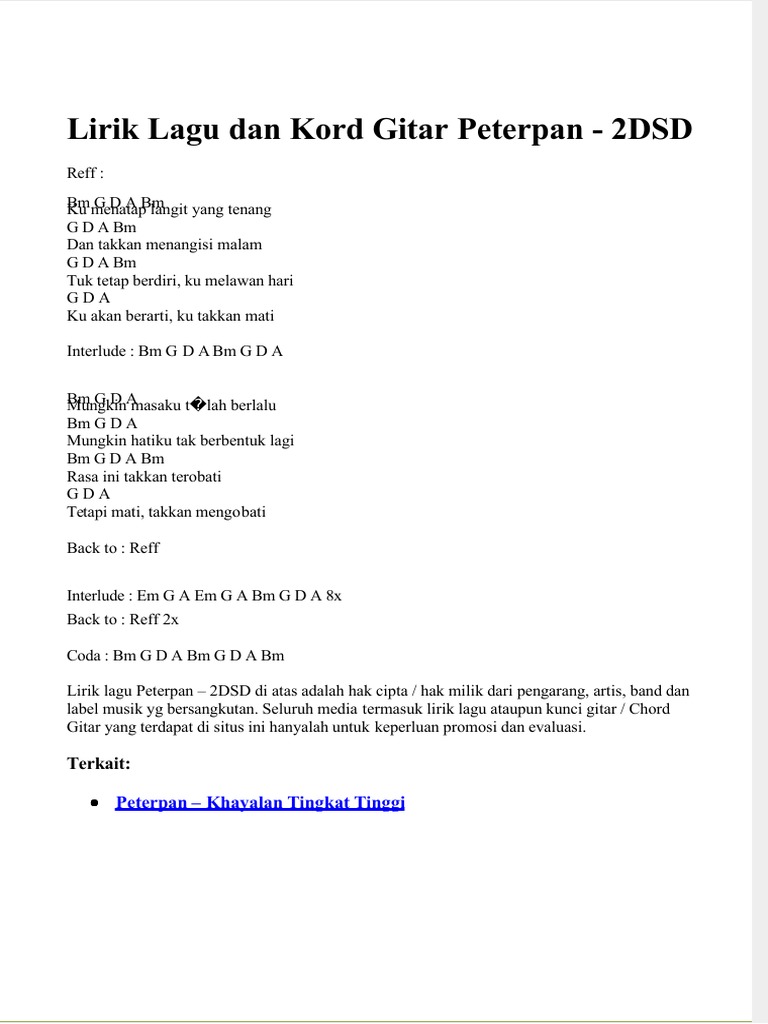 Lirik Lagu Dan Kord Gitar Peterpan | PDF