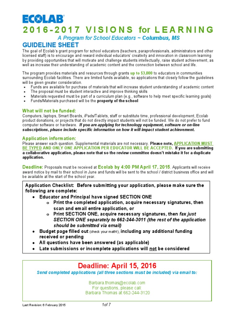 Ecolab 2016 Teachers Grants Application Form | PDF | Science ...