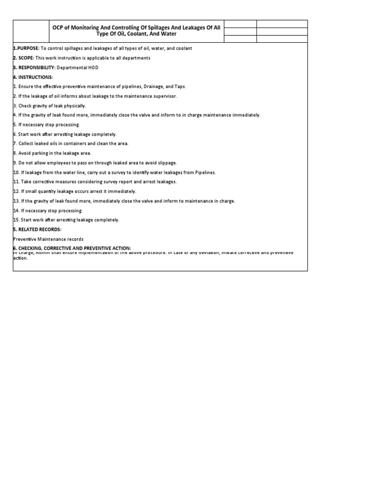 OCP Guidelines for Oil and Coolant Spillage | PDF