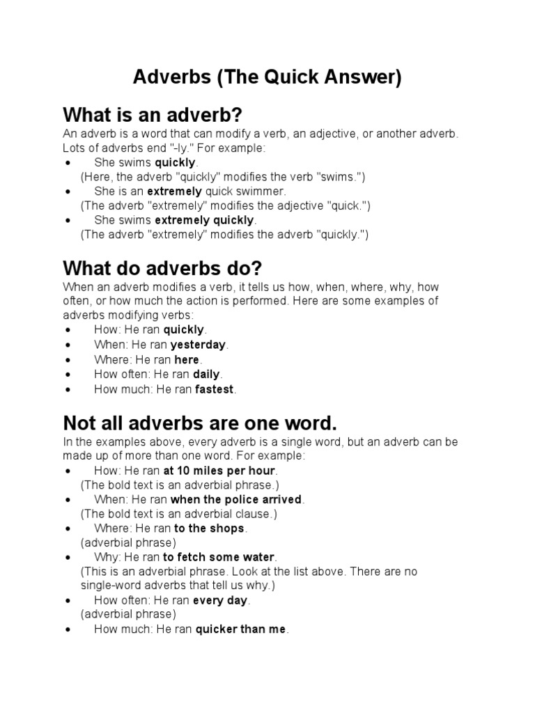Adverbs (The Quick Answer) What Is An Adverb? | PDF | Adverb | Verb