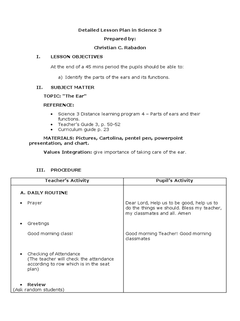 Detailed Lesson Plan in Science 3 | PDF | Ear | Hearing