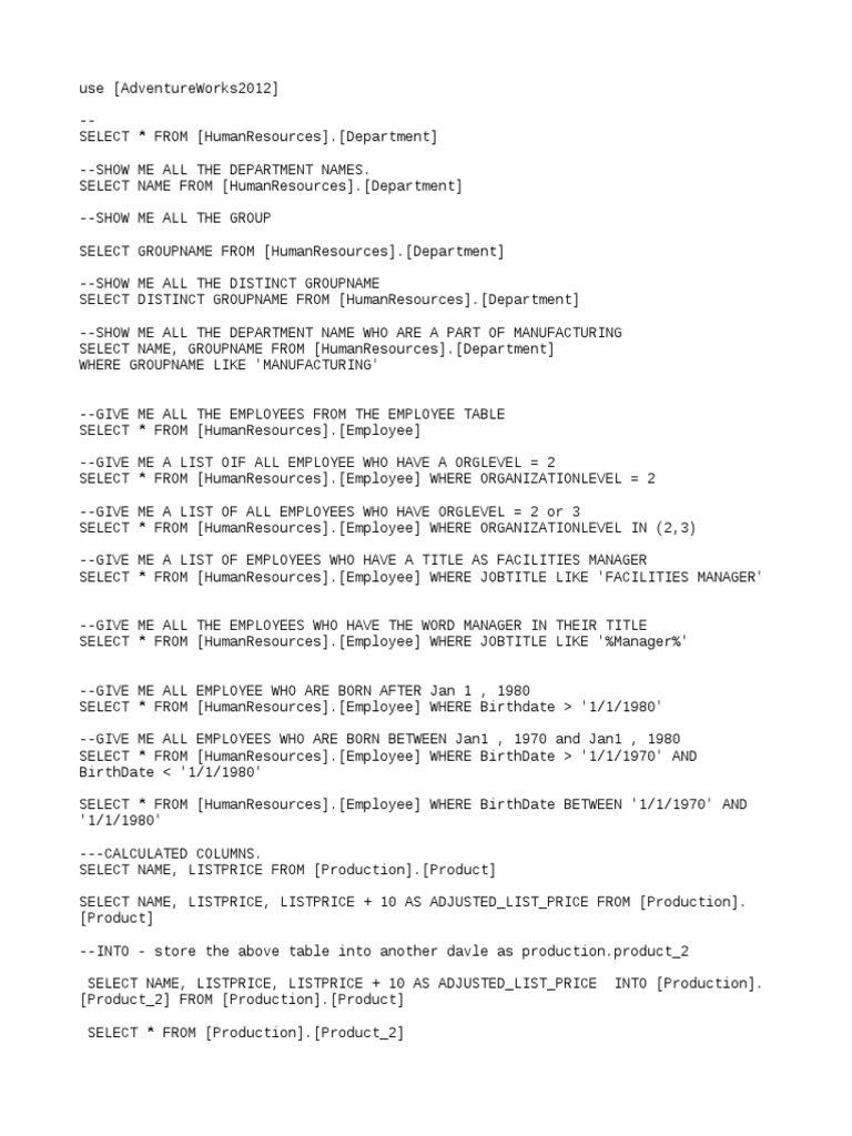SQL Queries for AdventureWorks2012 Database | PDF | Data Management ...