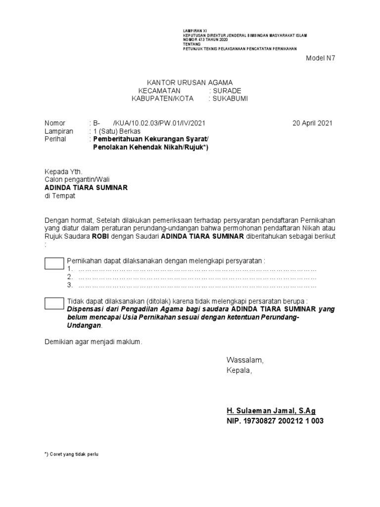 Pemberitahuan Penolakan Nikah N7 | PDF