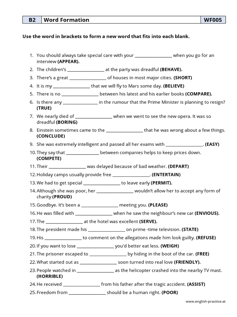 B2 Word Formation Practice Exercises | PDF | Games & Activities ...