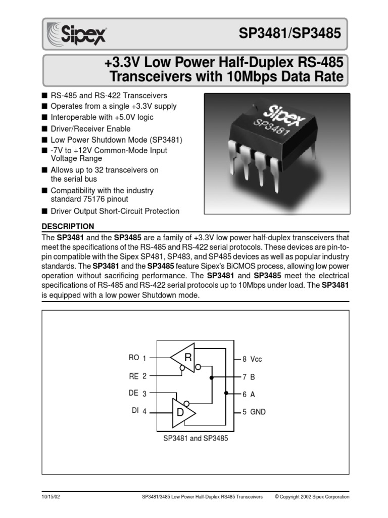 SP3481/SP3485 +3.3V Low Power Half-Duplex RS-485 Transceivers With ...