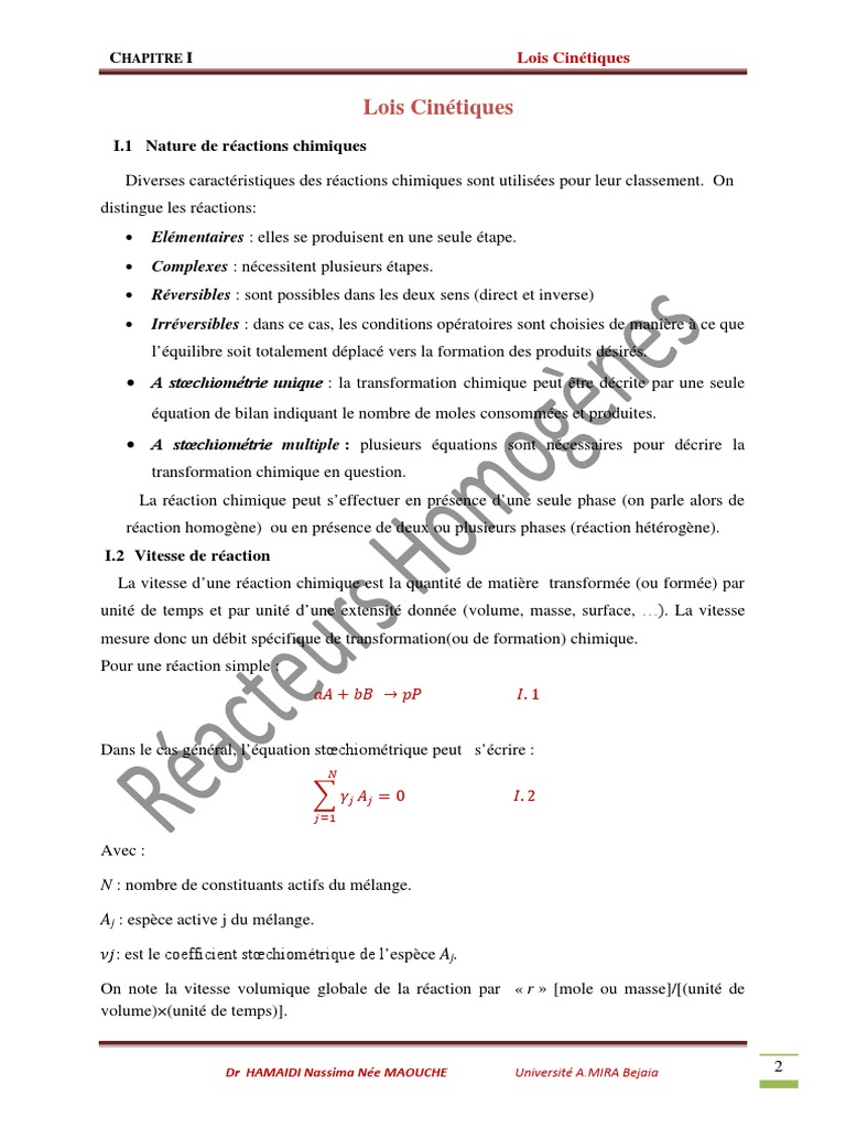 Lois Cinétiques des Réactions Chimiques | PDF | Cinétique chimique ...