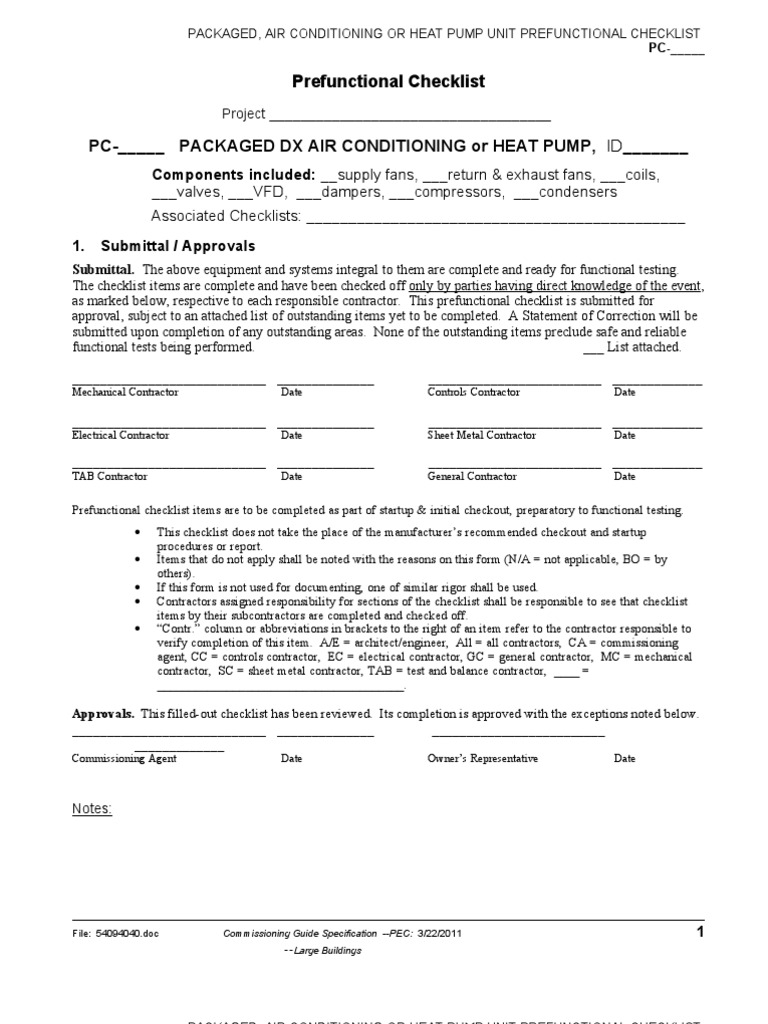 Packaged DX Unit Prefunctional Checklist | PDF | Hvac | Duct (Flow)