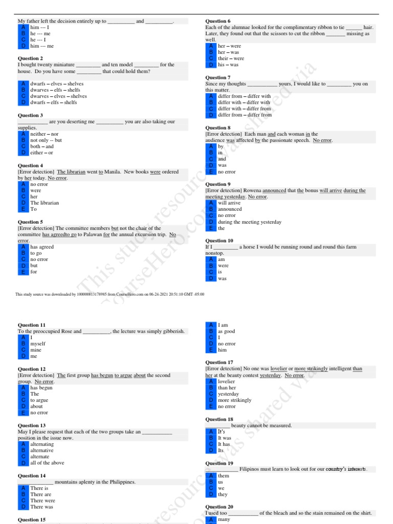 Grammar and Error Detection Quiz | PDF