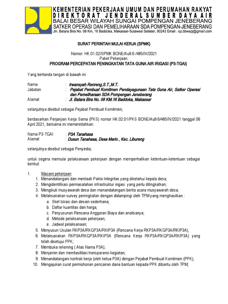 Surat Perintah Mulai Kerja P3-TGAI | PDF