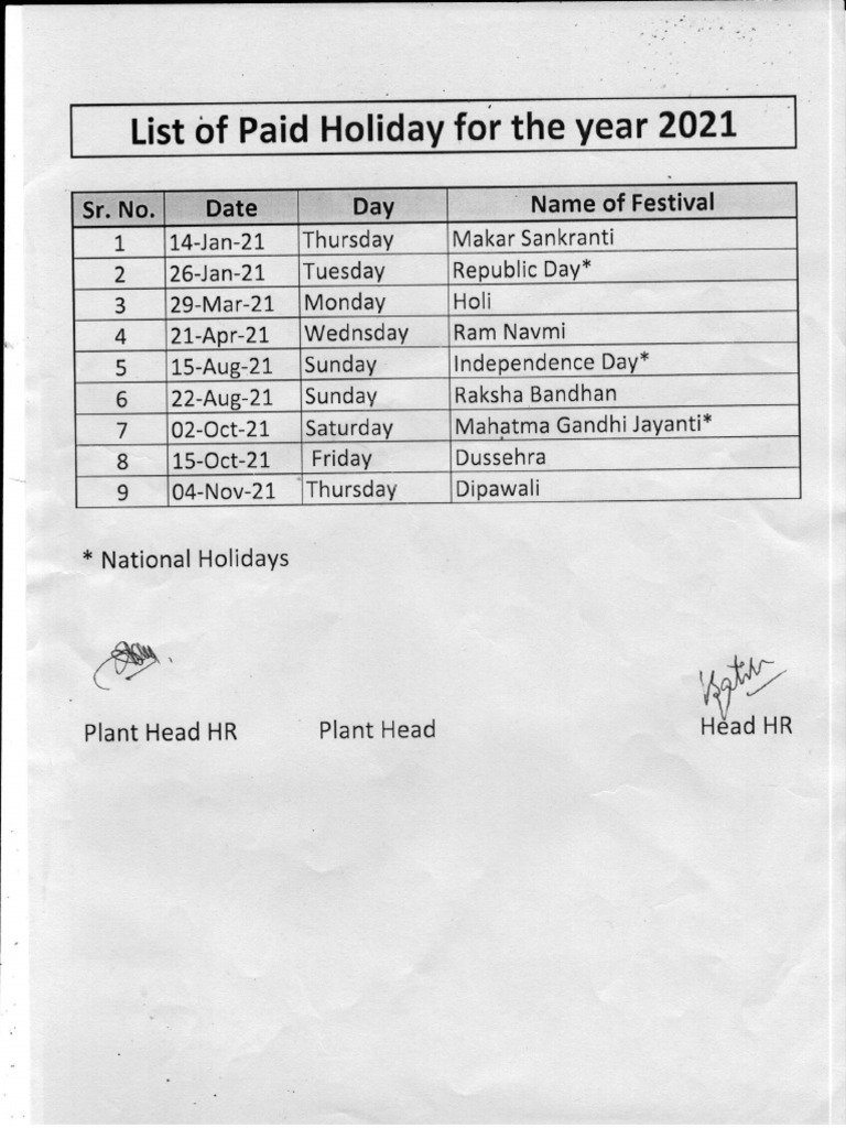 Paid Holiday List For 2021 | PDF