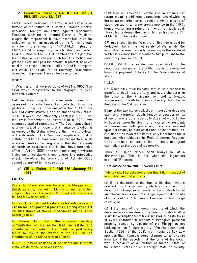 Tax Cases 1 To 13 PDF Estate Tax In The United States Inheritance Tax