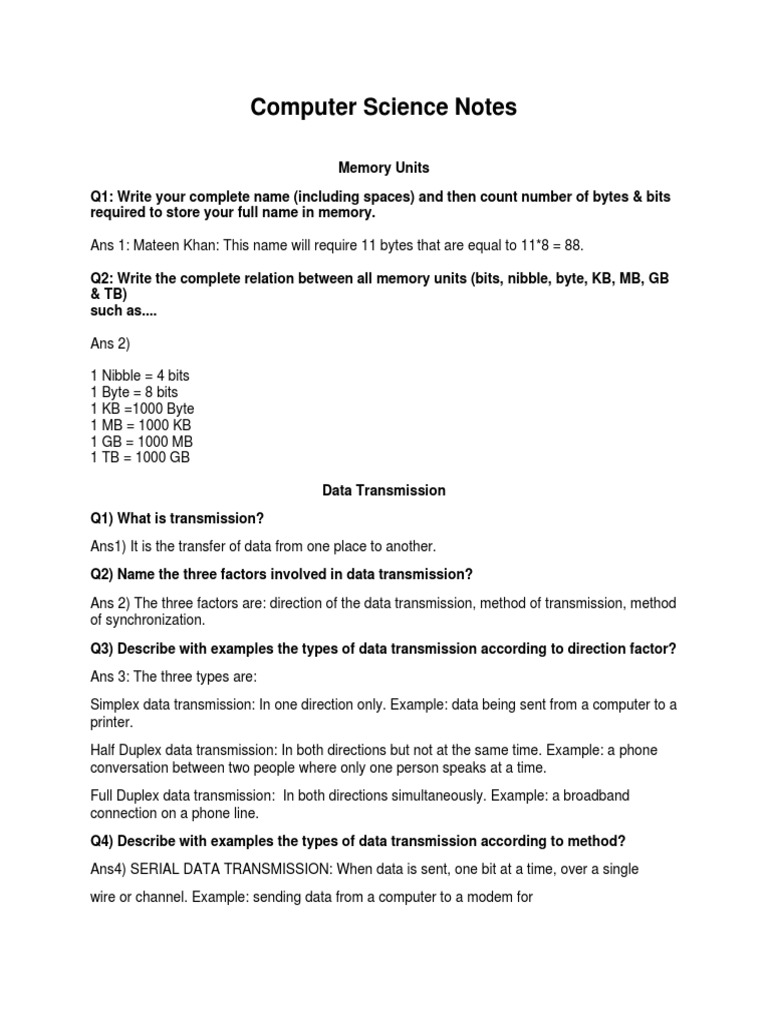 Computer Science Notes PDF Data Transmission Control Key