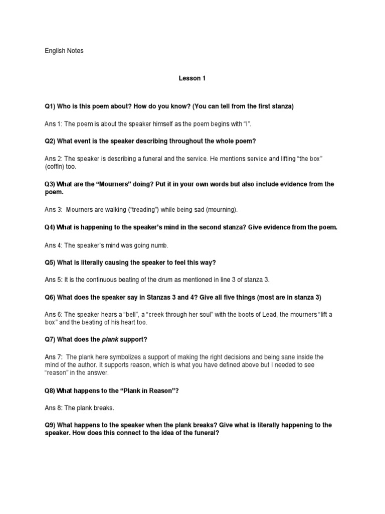 English Notes I Felt Funeral in My Brain PDF Funeral