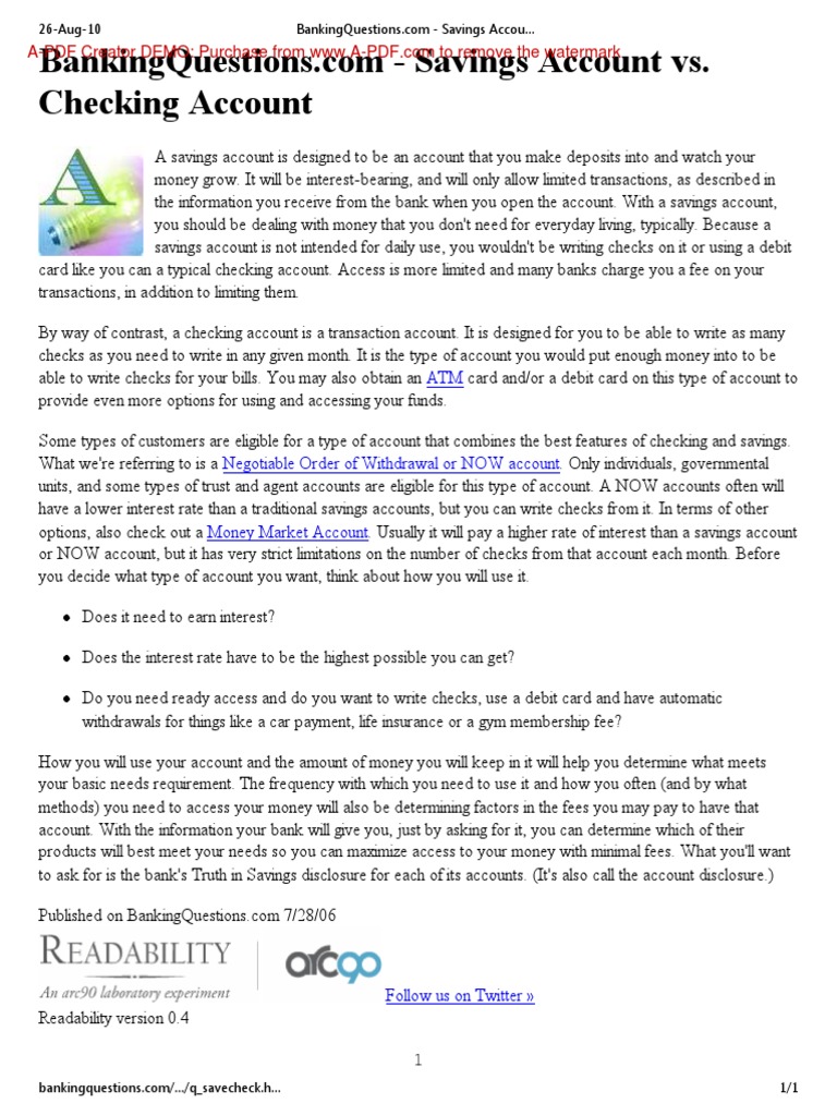 Savings vs. Checking Accounts Explained | PDF | Transaction Account ...