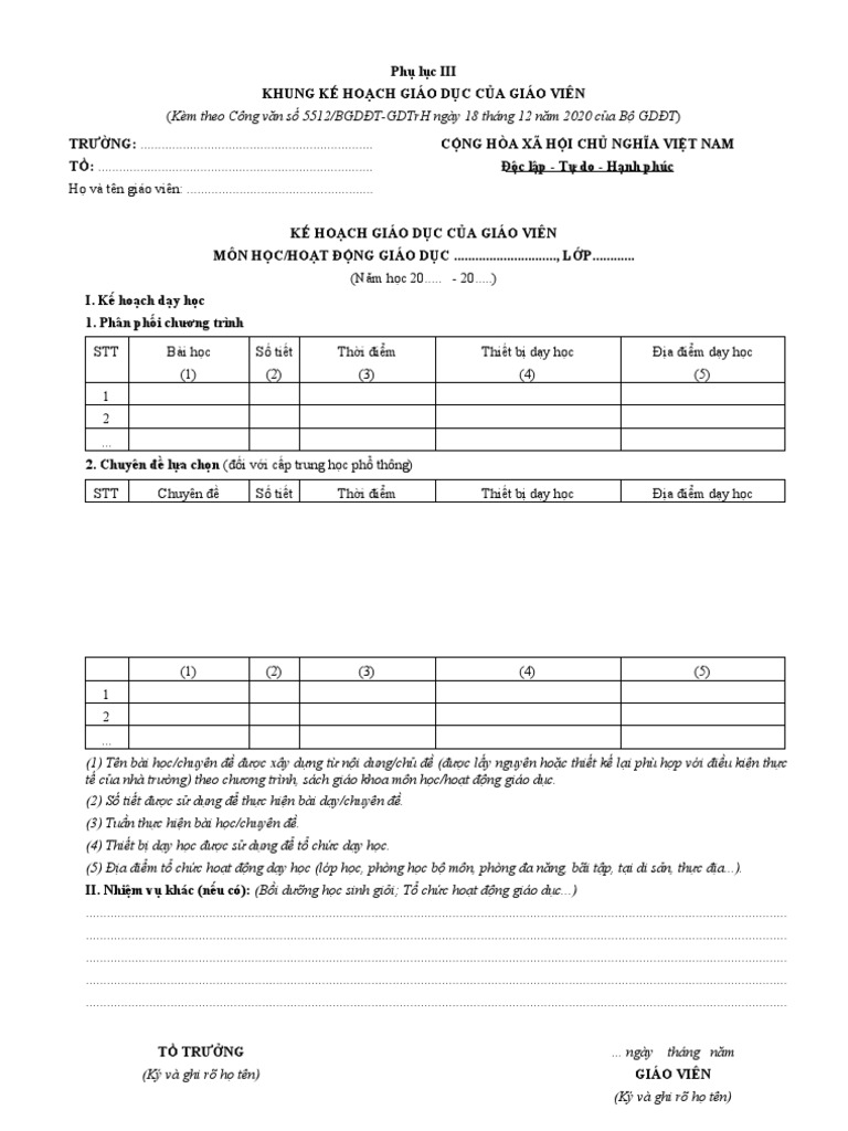 Phu Luc 3 Khung Ke Hoach Giao Duc Cua Giao Vien | PDF