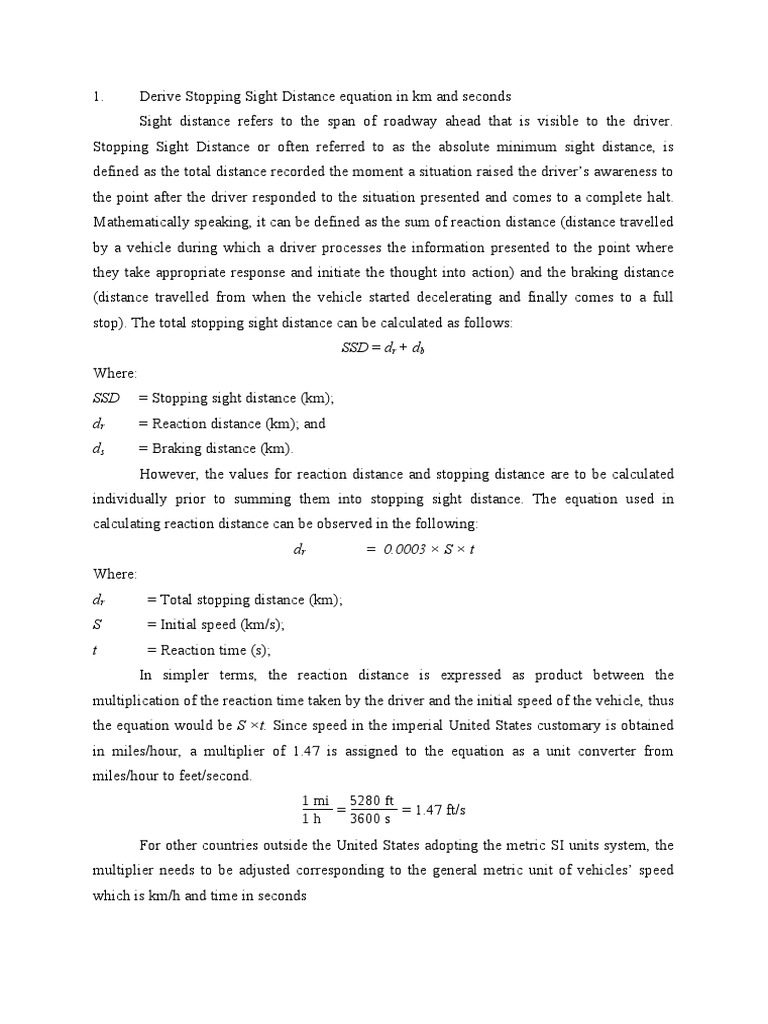 Stopping Sight Distance Calculation Guide | PDF | Speed | Acceleration