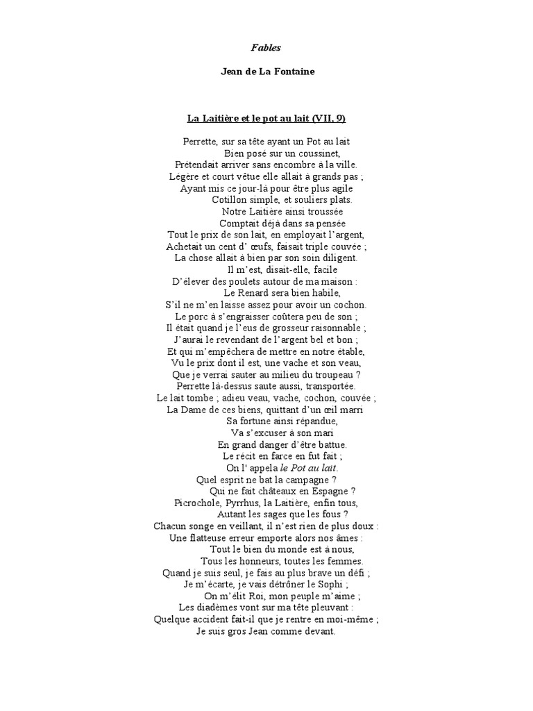 La Laitière Et Le Pot Au Lait Texte à Imprimer La Laitière Et Le Pot Au Lait | PDF