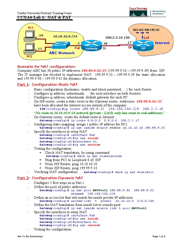 Ccna4-Lab 1: Nat & Pat: Scenario For NAT Configuration | PDF | Ip ...