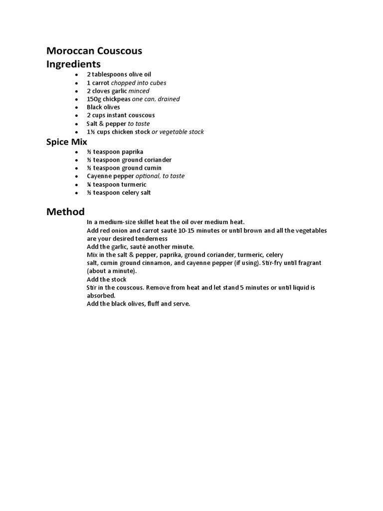 Moroccan Couscous Ingredients Spice Mix PDF