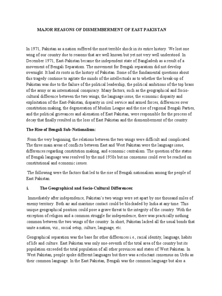 Causes of East Pakistan's Dismemberment | PDF | Pakistan | Bangladesh