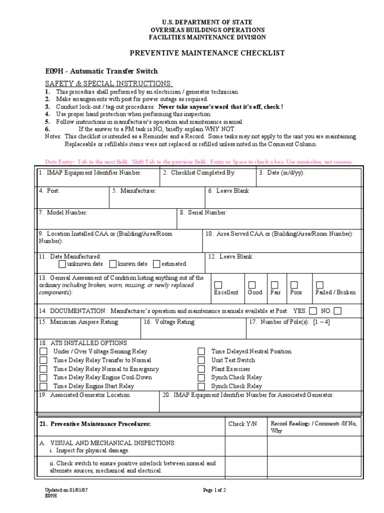 Safety & Special Instructions:: Preventive Maintenance Checklist E09H ...