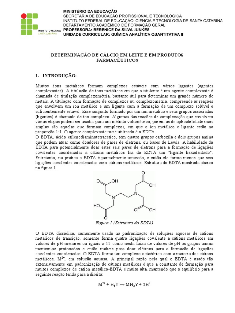 Determinação de Cálcio em Leite e em Produtos Farmacêuticos | PDF |  Composto de coordenação | Titulação, image size:768x1024