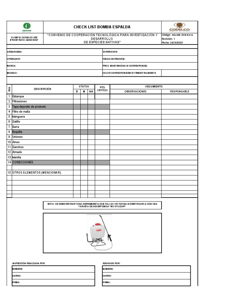 Checklist de Inspección Bomba Espalda | PDF | Tecnología