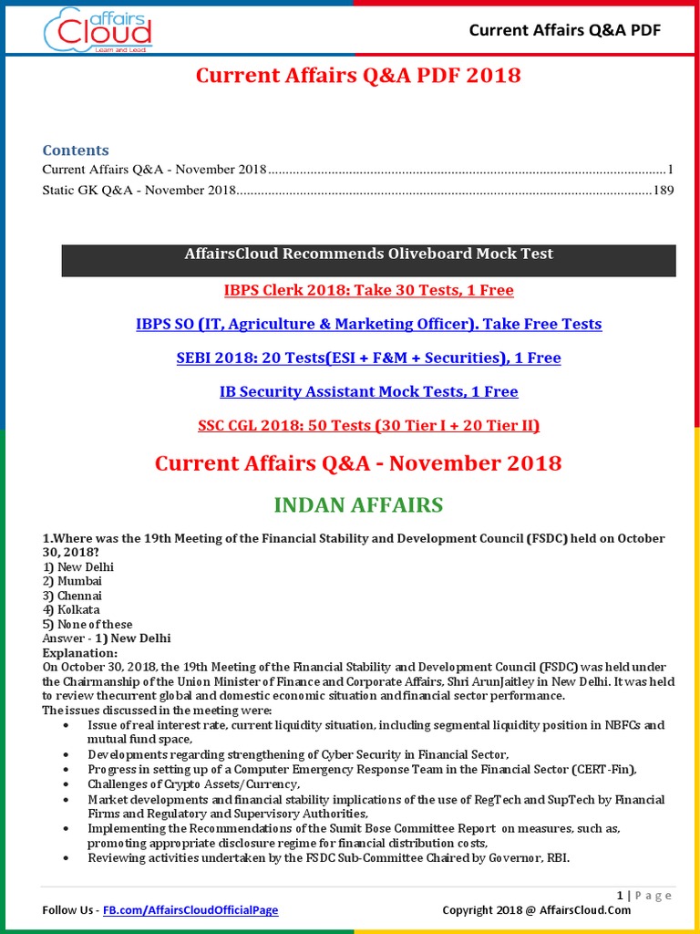 Current Affairs Q&A PDF - November 2018 by AffairsCloud | PDF ...