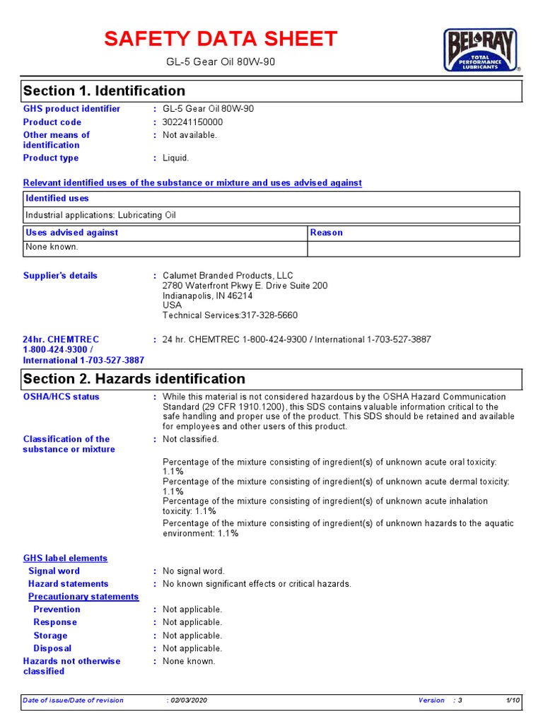 GL5 Gear Oil 80W90 SDS PDF Toxicity Firefighting