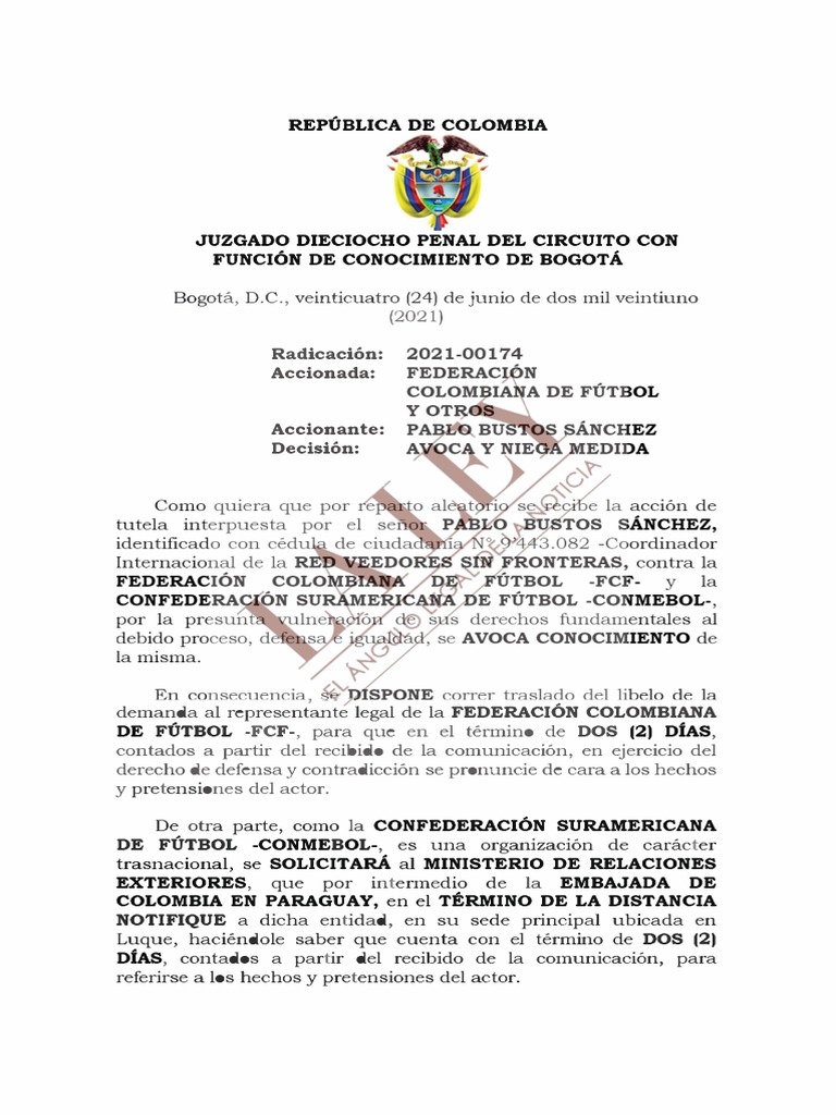 202100174 Auto Que Avoca (1) 0 PDF Asociación de Futbol Colombia