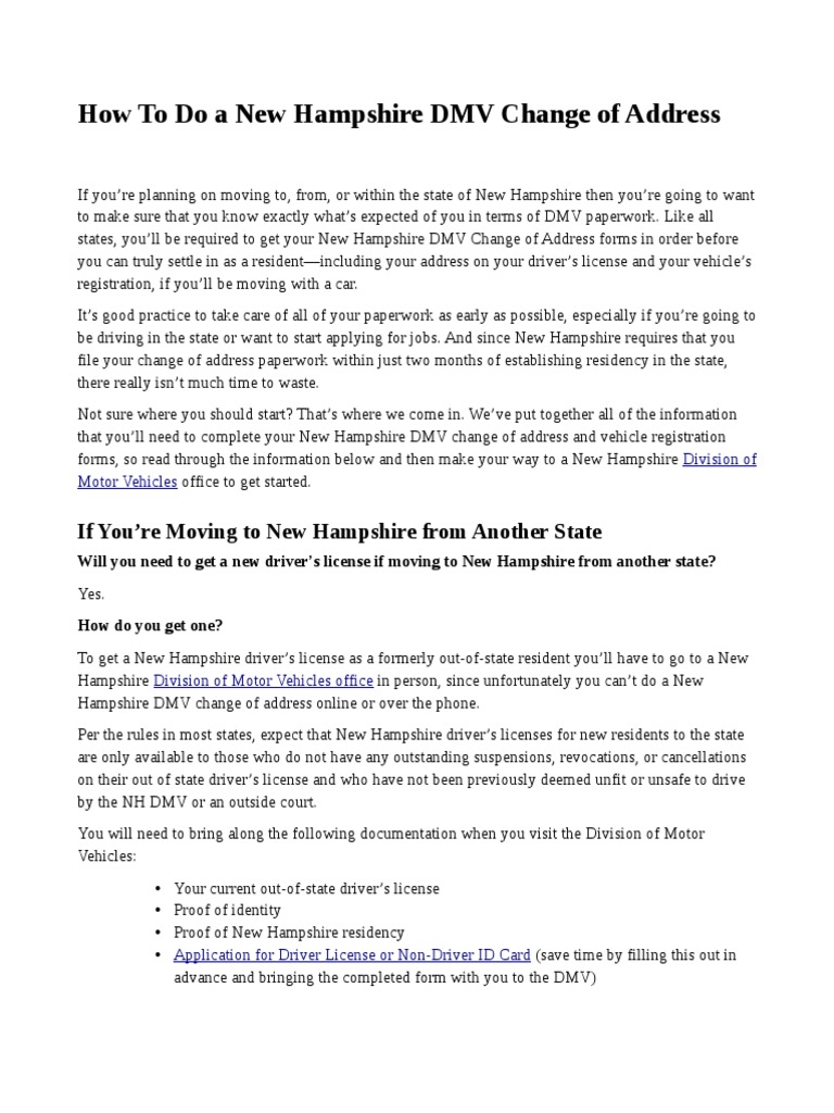 New Hampshire DMV Change of Address PDF Department Of Motor