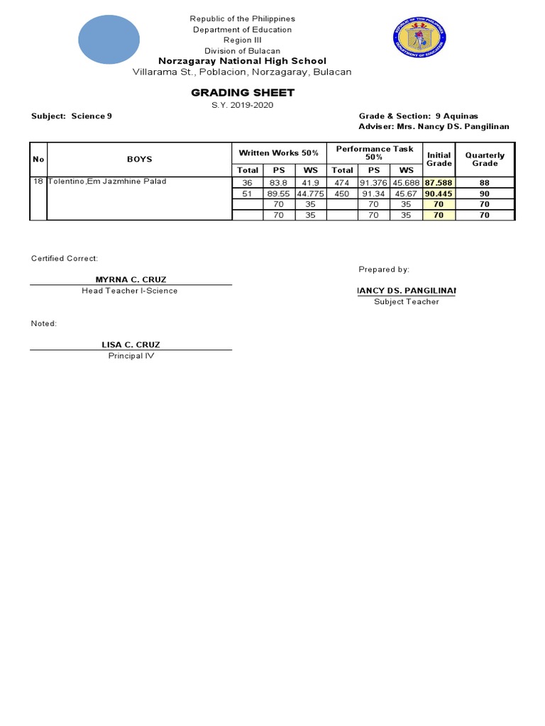 Science 9 Grading Sheet 2019-2020 | PDF